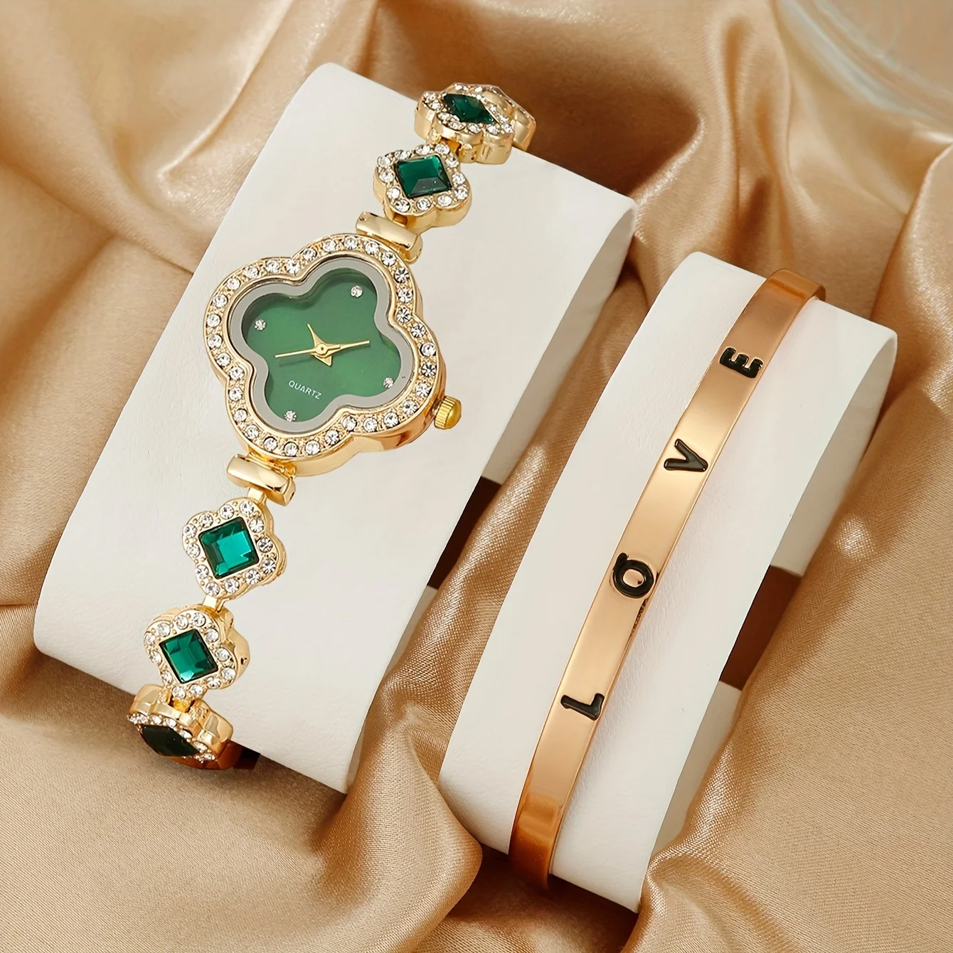 Luxury Watch Gift For Her - 2pcs/set Women's Watch Luxury Rhinestone Clover
