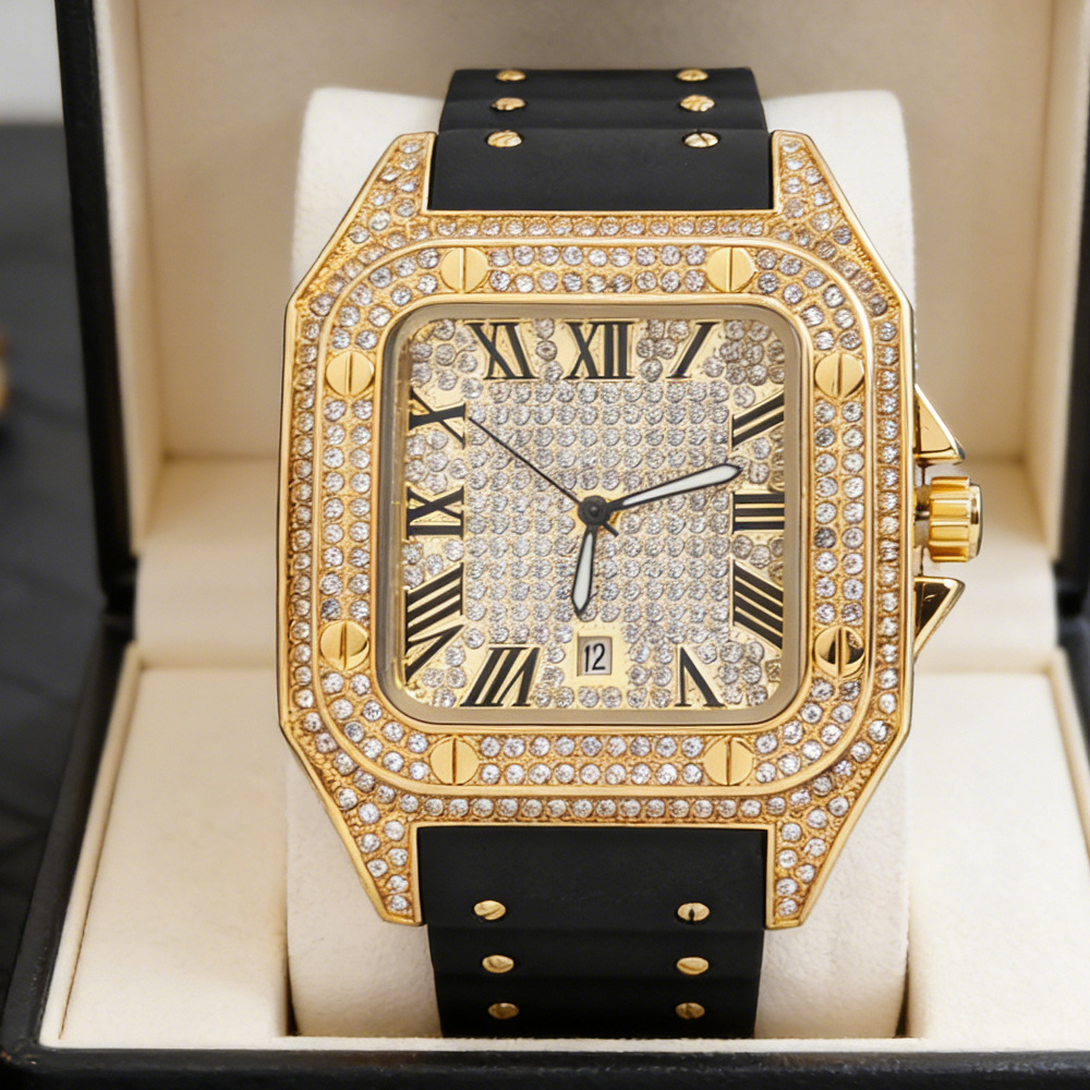 Hip Hop Iced Out Bling Square  - Luxury Watch Rubber Strap review and price
